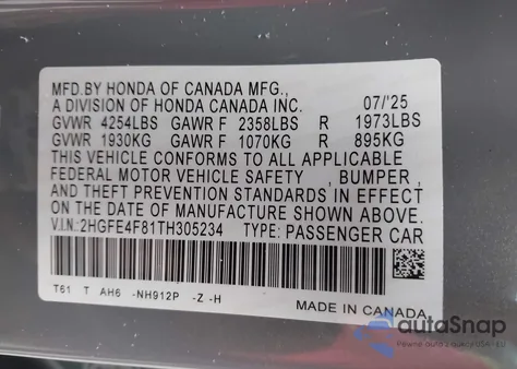 2026 Honda Civic Hybrid Sport/Sport Touring z USA, uszkodzony, nr VIN 2HGFE4F81TH305234